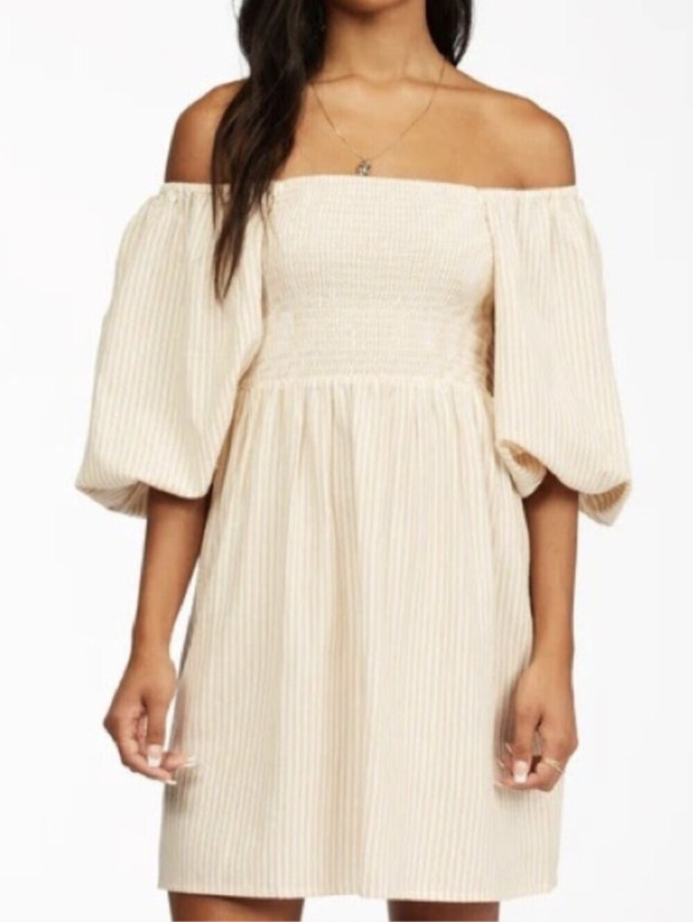 BIllabong Paradise Days Puff Sleeve Smocked Mini Dress, Color White/Tan Size M